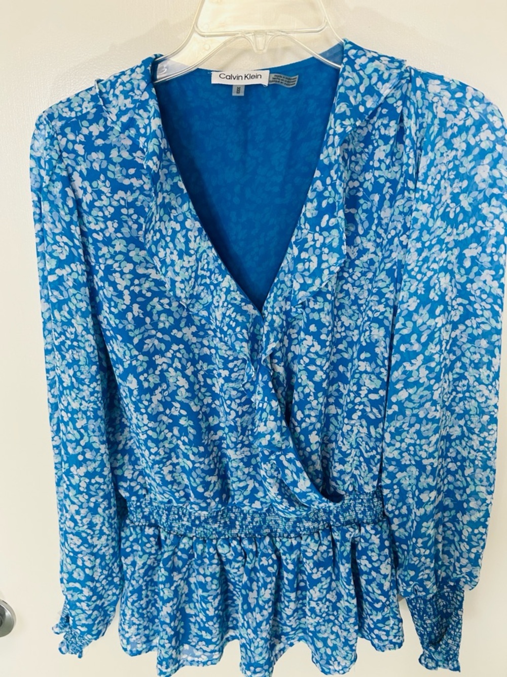 Calvin Klein Blue Floral Wrap Peplum Long Sleeve Lightweight Blouse
